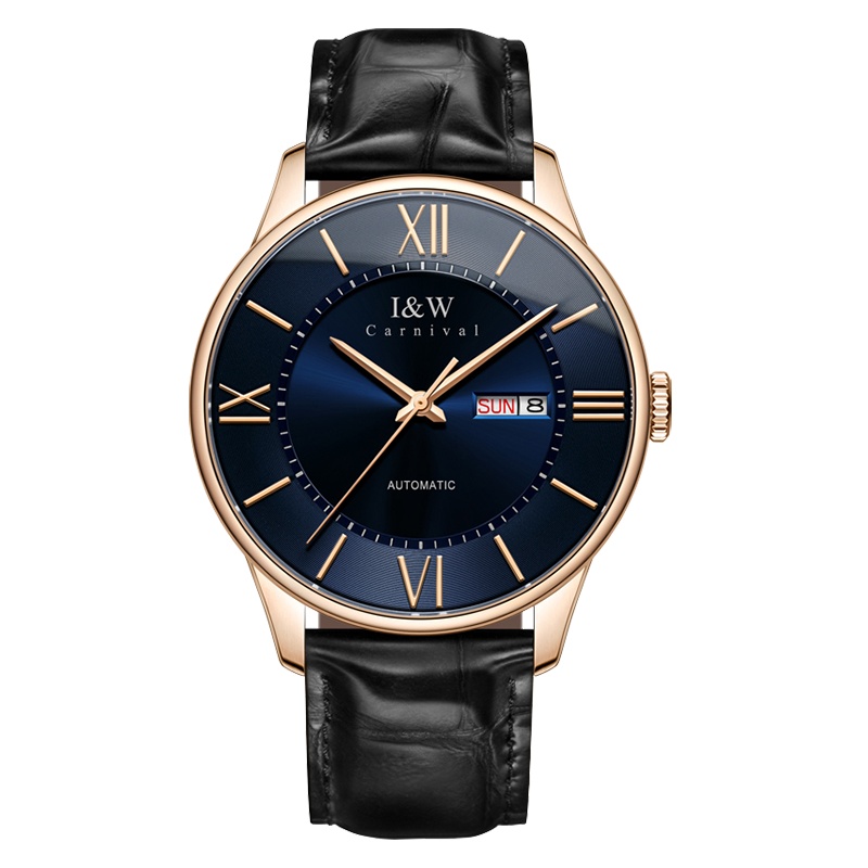 瑞士爱沃驰I&W CARNIVAL镂空全自动机械表 男士手表进口机芯男表纤薄真皮防水双日历腕表蓝宝石镜面8515G