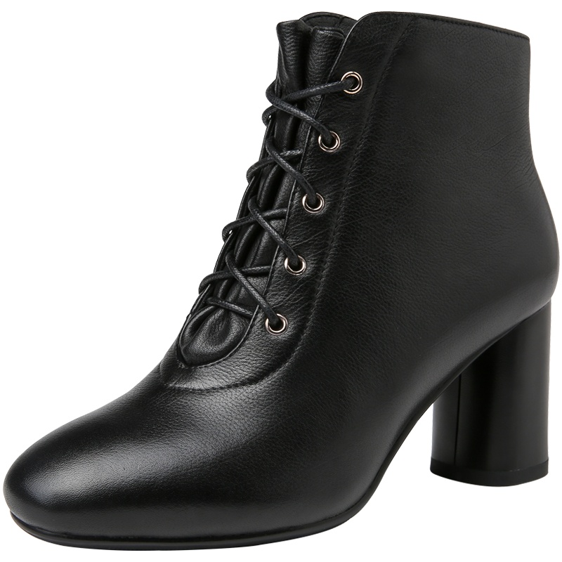 红蜻蜓女鞋冬季新款英伦高跟马丁靴粗跟加绒保暖短筒靴棉鞋