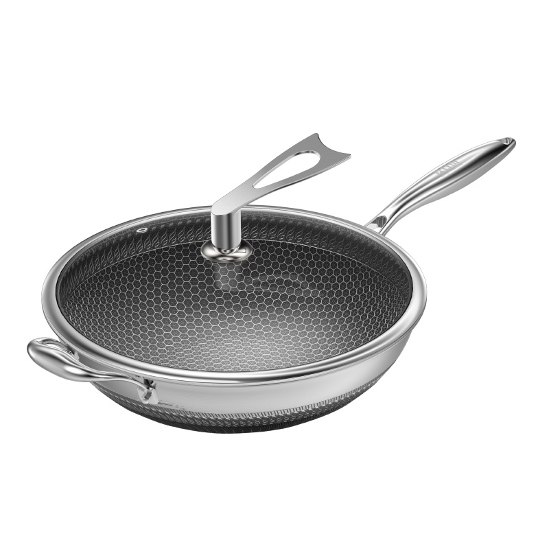 爱自由304不锈钢炒锅家用不粘锅少油烟电磁炉明火通用锅具32cm