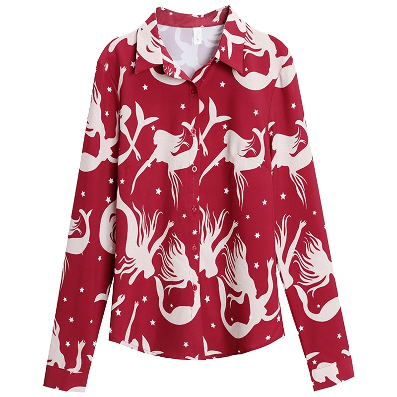 恒源祥衬衫早春长袖女装美人鱼印花红色衬衣雪纺衫OL上衣