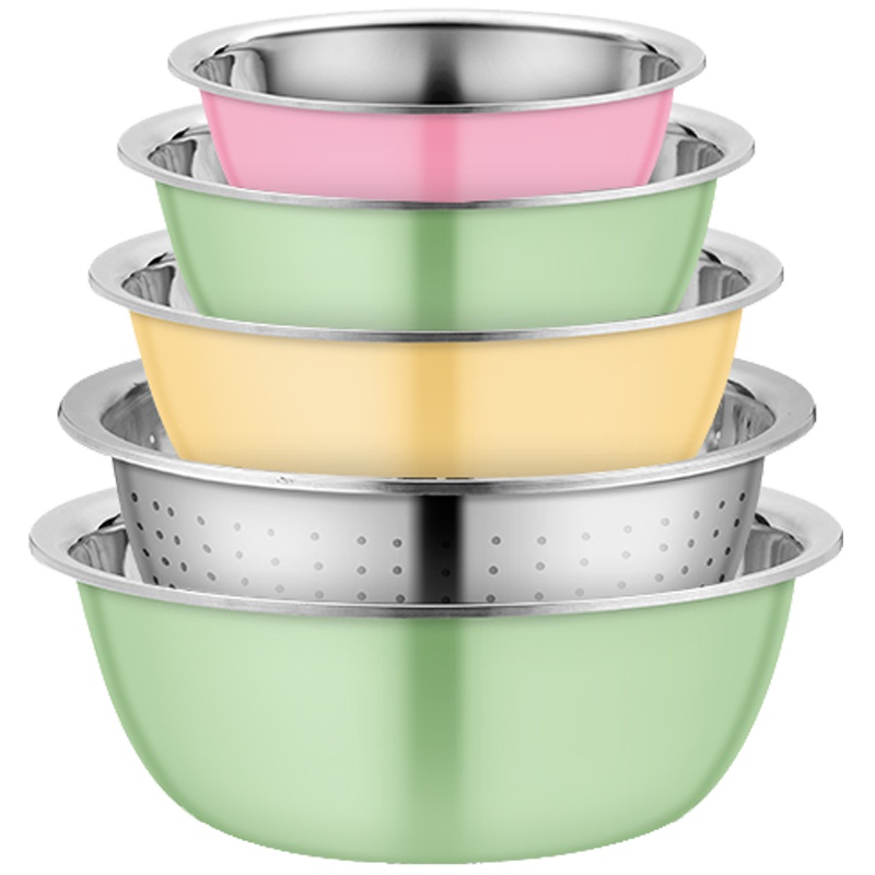 苏德乐不锈钢盆彩色盆五件套厨房家用加深加厚盆套装汤盆打蛋和面洗菜盆17-19-21-23漏盆-25cm[漏北欧色五件套]