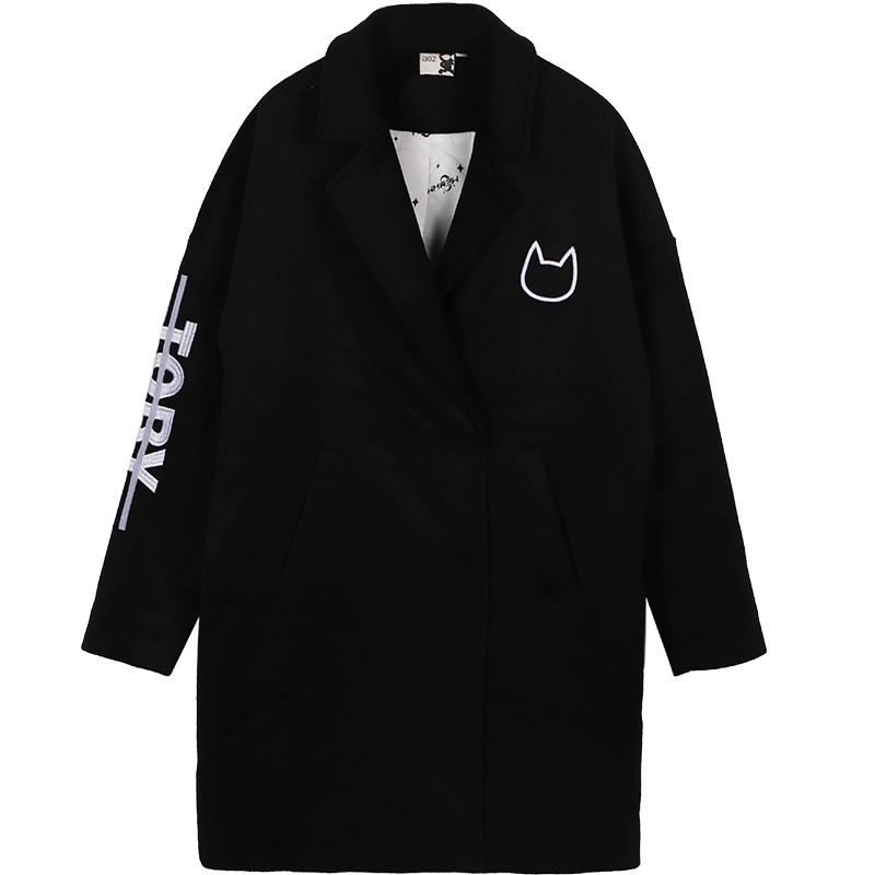 a02新款简约字母刺绣宽松翻领双排扣毛呢外套女潮DTU6C0041CT