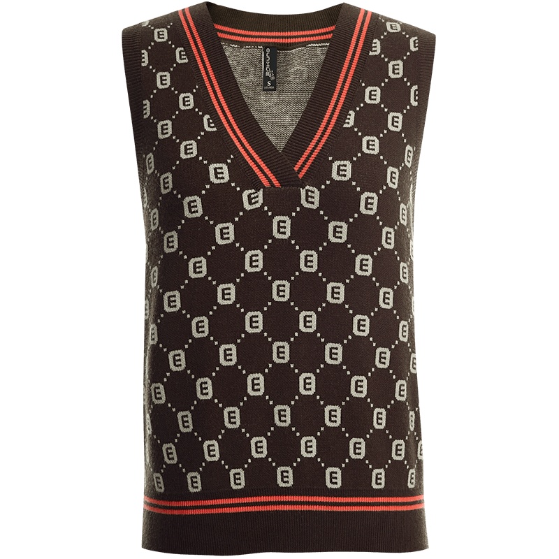 OUNIXUE欧昵雪 | [复古毛织背心]菱形字母拼接螺纹V领毛衣无袖针织衫女