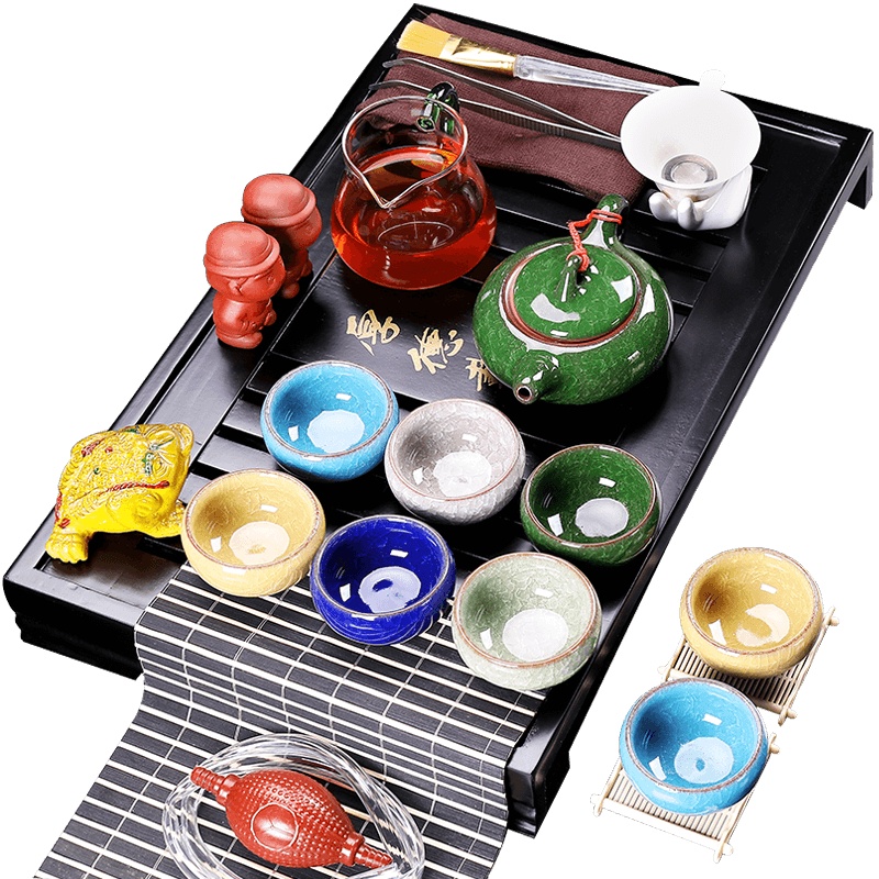 言艺(yanyi) 陶瓷功夫茶具套装 实木茶盘.冰裂釉茶具配黑色厚德载物