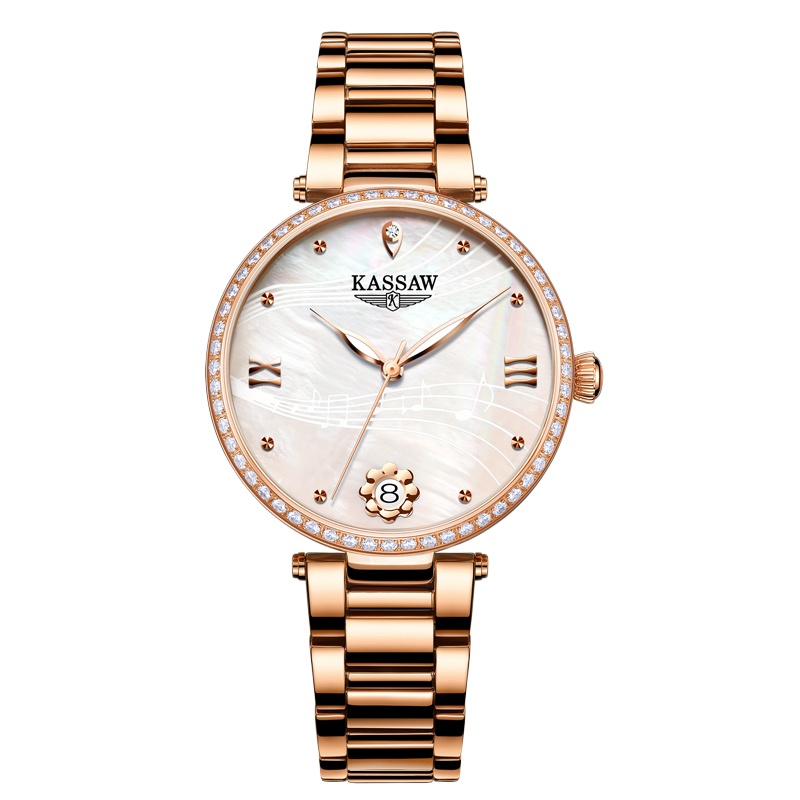 卡梭(KASSAW)正品真钻自动机械表女表防水新款潮手表女士防水简约气质ins风时尚日历K911L