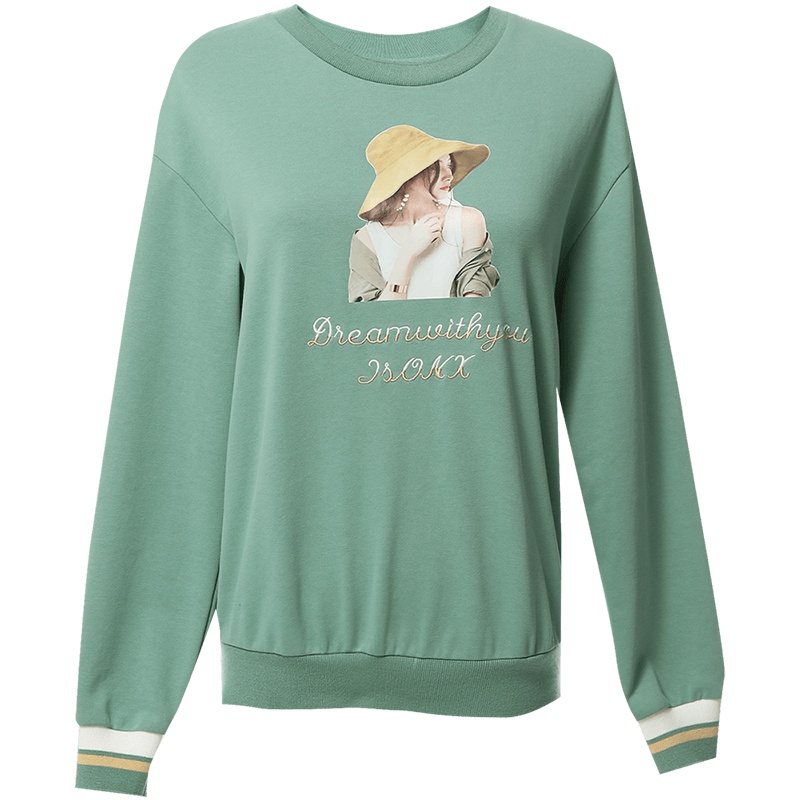 欧昵雪圆领趣味字母人像图案宽松遮肚卫衣女显瘦上衣