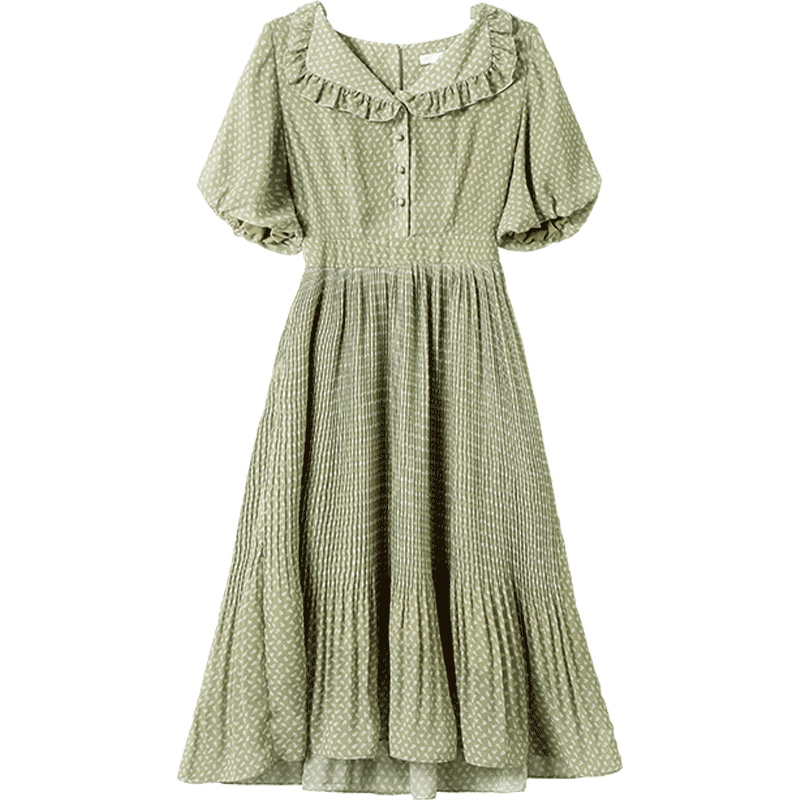 OSA欧莎牛油果绿连衣裙2019新款夏复古收腰显瘦雪纺裙子女小清新