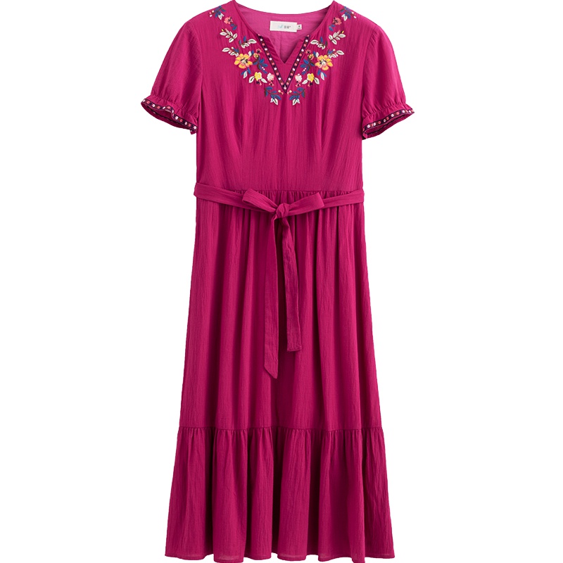 茵曼连衣裙夏装新款短袖纯棉绣花V领绑带A摆连身裙中长裙显瘦