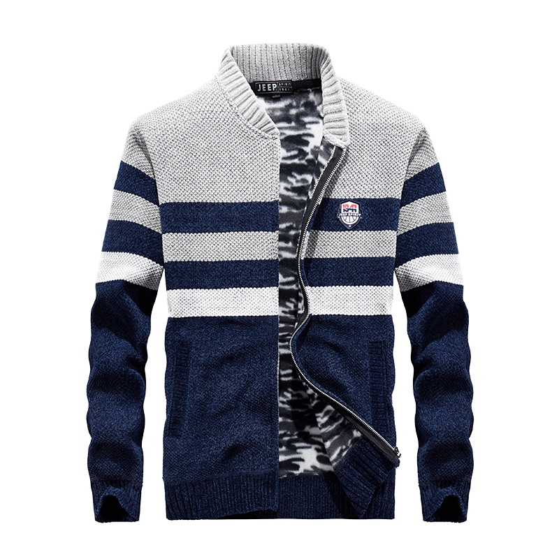 JEEP/吉普冬季新品毛衣男加绒加厚开衫拼接毛衣男外套针织衫青年卫衣拉链夹19MB562SW9052