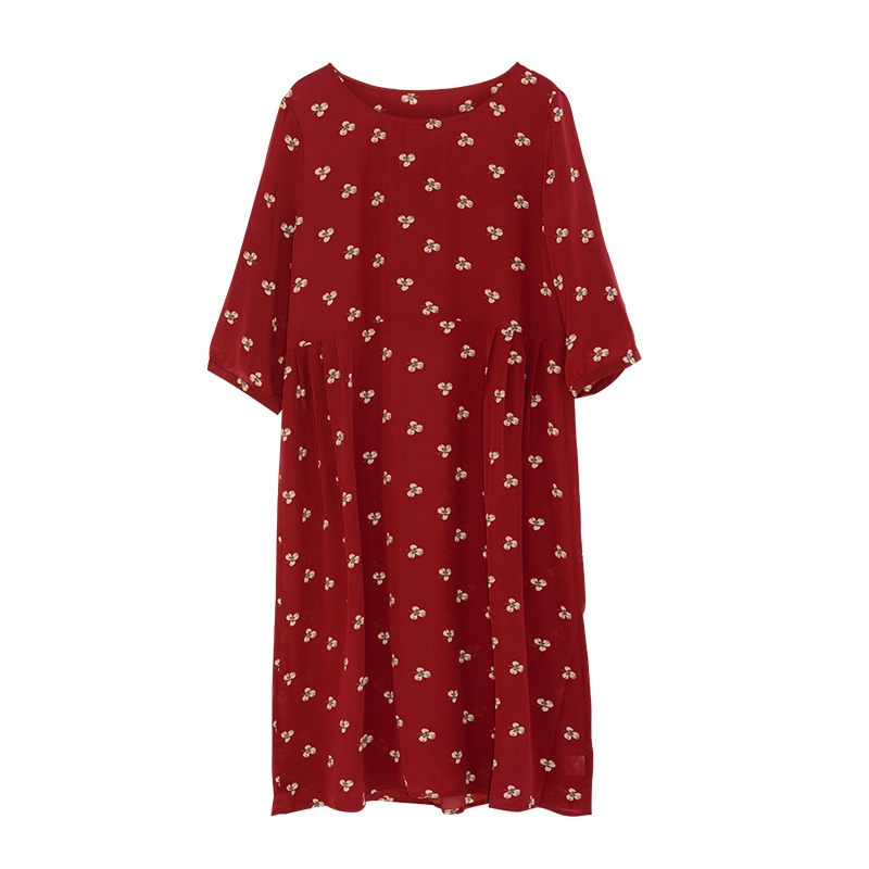 金菊2020新款真丝印花连衣裙中袖中长款宽松女桑蚕丝裙子