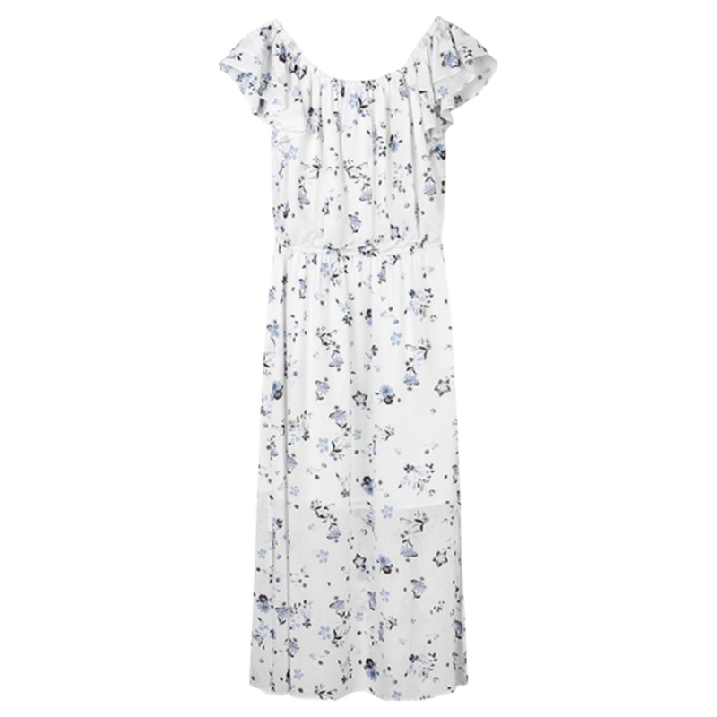 【专柜同款】拉夏贝尔碎花连衣裙女神范气质2020夏季新款甜美中长款一字肩雪纺仙女30082560 印花混色 S