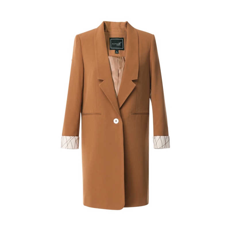 欧昵雪通勤翻领拼接绣花九分袖修身中长款西装外套女