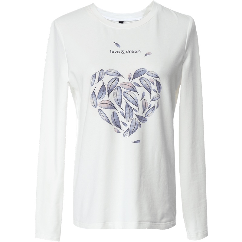欧昵雪叶子心形图案印花圆领白色棉质T恤上衣女长袖