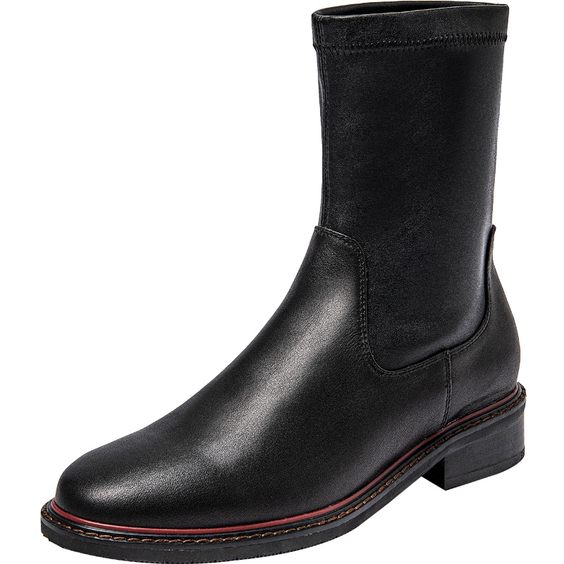 百田森冬季新款弹力瘦瘦靴女低跟中筒靴简约套筒休闲靴_1