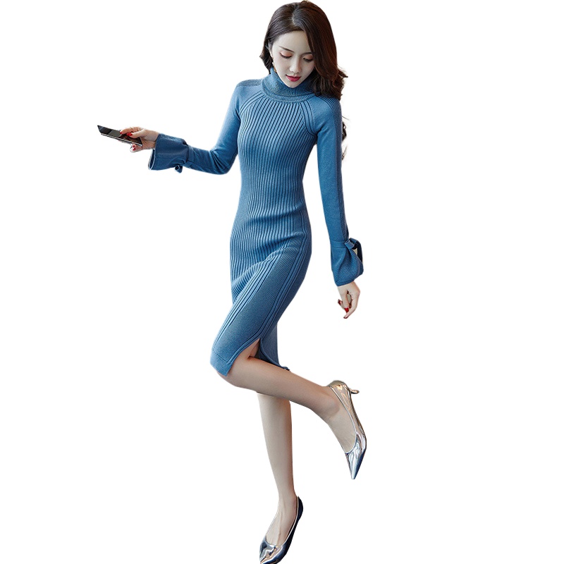 丝柏舍2019秋女时尚纯色修身高领中长款针织连衣裙S93T4048L