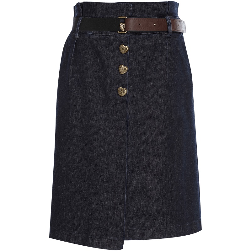 欧昵雪系带高腰纽扣开叉牛仔裙女不对称半身裙包臀