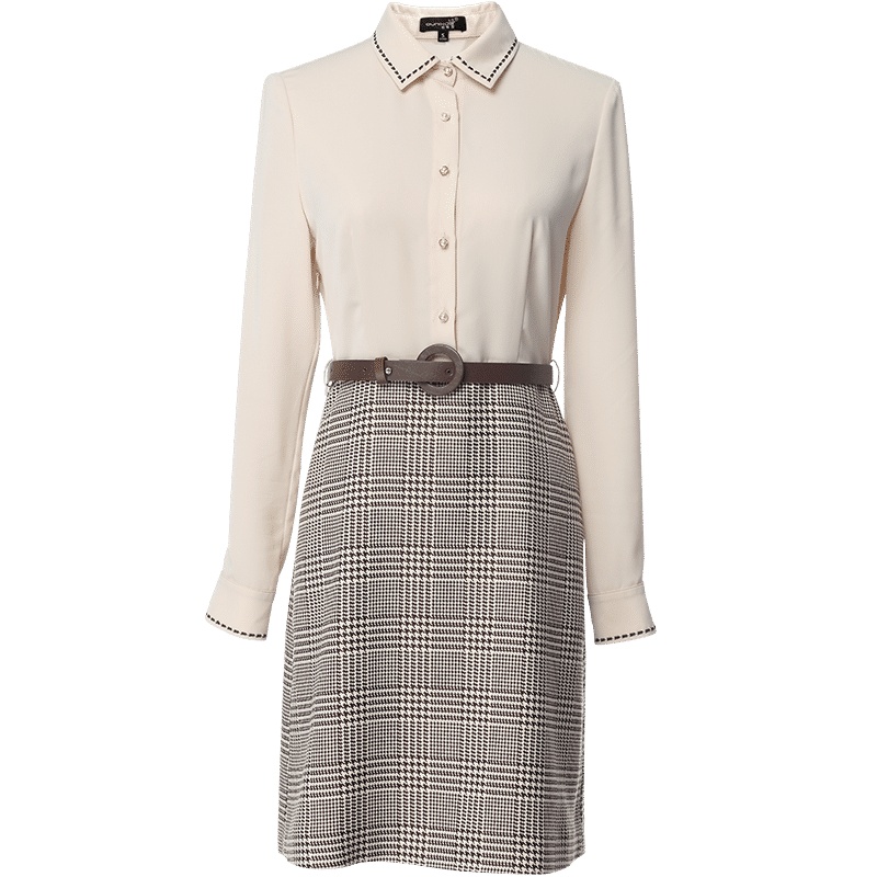 欧昵雪长袖衬衫裙拼接千鸟格女假两件连衣裙