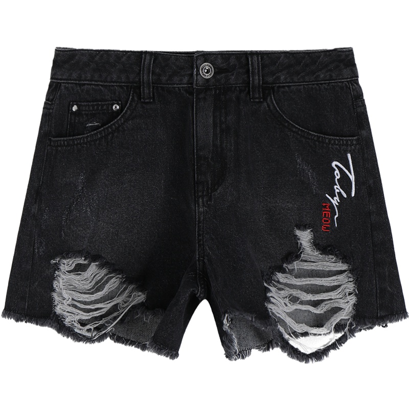 a02商场同款潮流磨毛字母刺绣破洞牛仔裤女短裤女D1U2D0A41PN