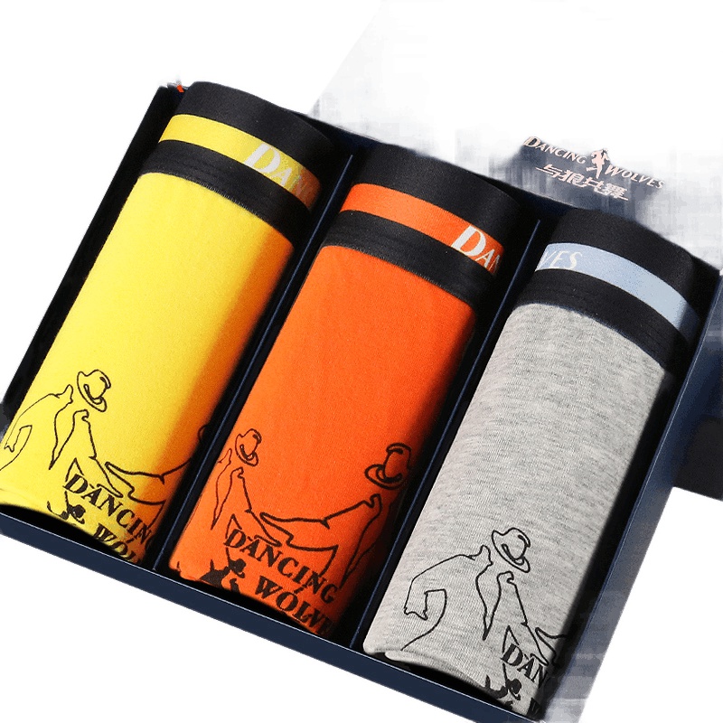 与狼共舞男士内裤 平角内裤裤时尚印花中腰四角裤 三条盒装