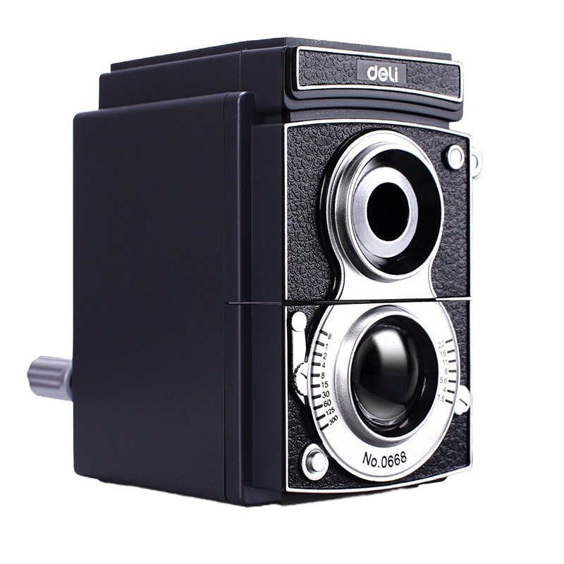得力(deli)复古相机造型转笔刀 卷笔刀铅笔刀 可调粗细学生手摇铅笔削笔器 削笔刀 黑色