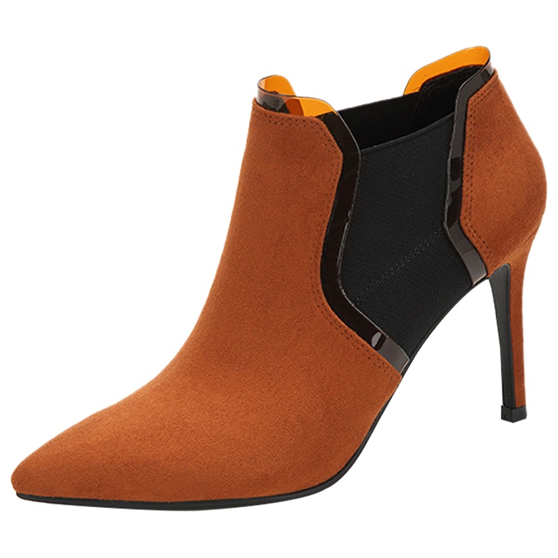 达芙妮秋冬新款高跟撞色尖头绒面细跟女短靴