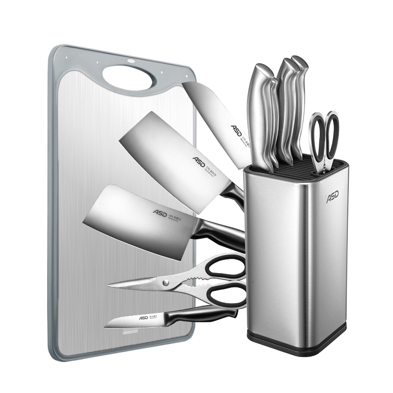 爱仕达不锈钢菜刀厨具套刀随意插刀座 全套厨房工具 RDG06K3WG加双面可立砧板家用防霉PP包胶GJ28C3WG