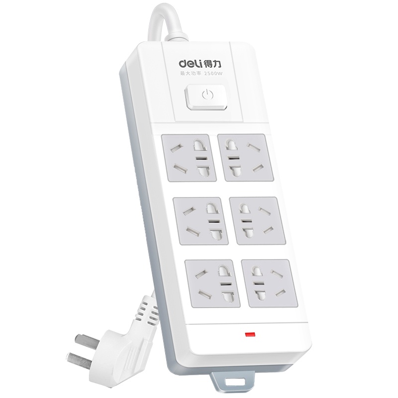 得力(deli)18246-05新国标6组合插孔 5米大孔距总控开关插座 插排 插线板 接线板 排插 拖线板 白色