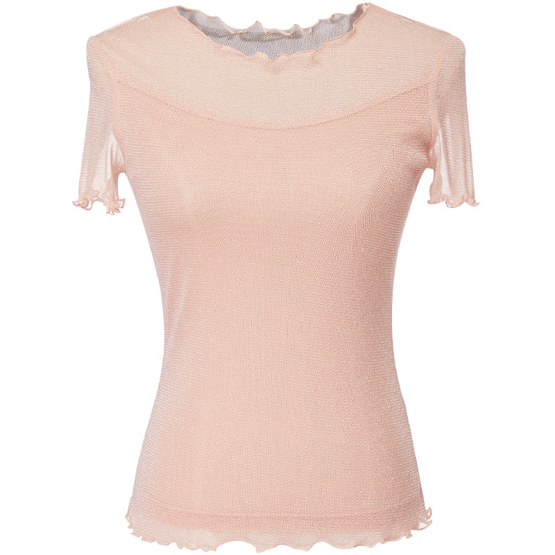 欧昵雪夏季气质木耳边圆领短袖T恤女修身亮丝针织上衣