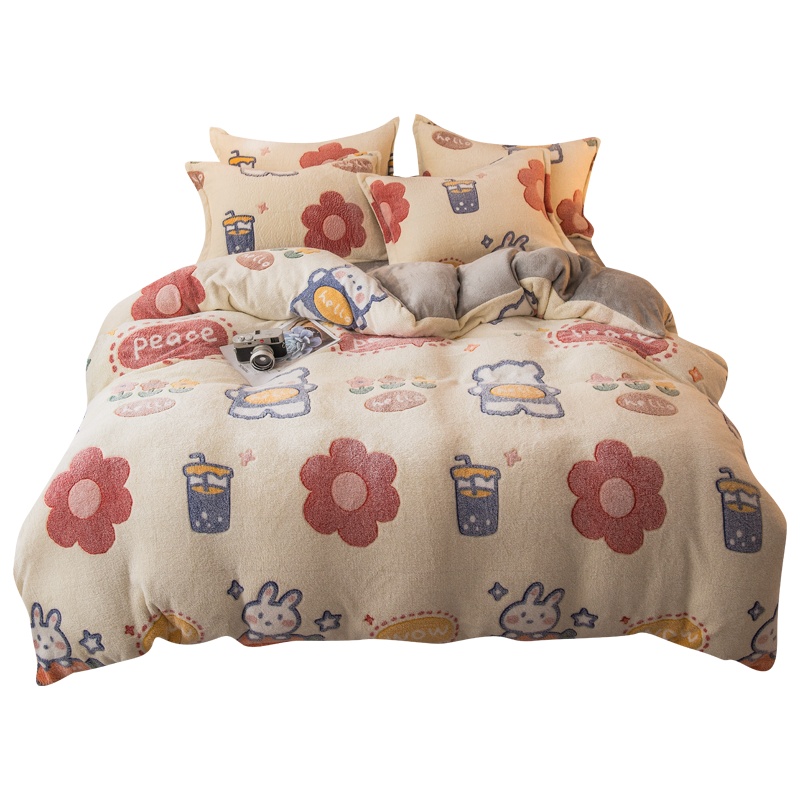 苏宁宜品 牛奶珊瑚绒蕾丝刺绣四件套法兰绒被套冬季床品双面加绒床单床上学生三件套