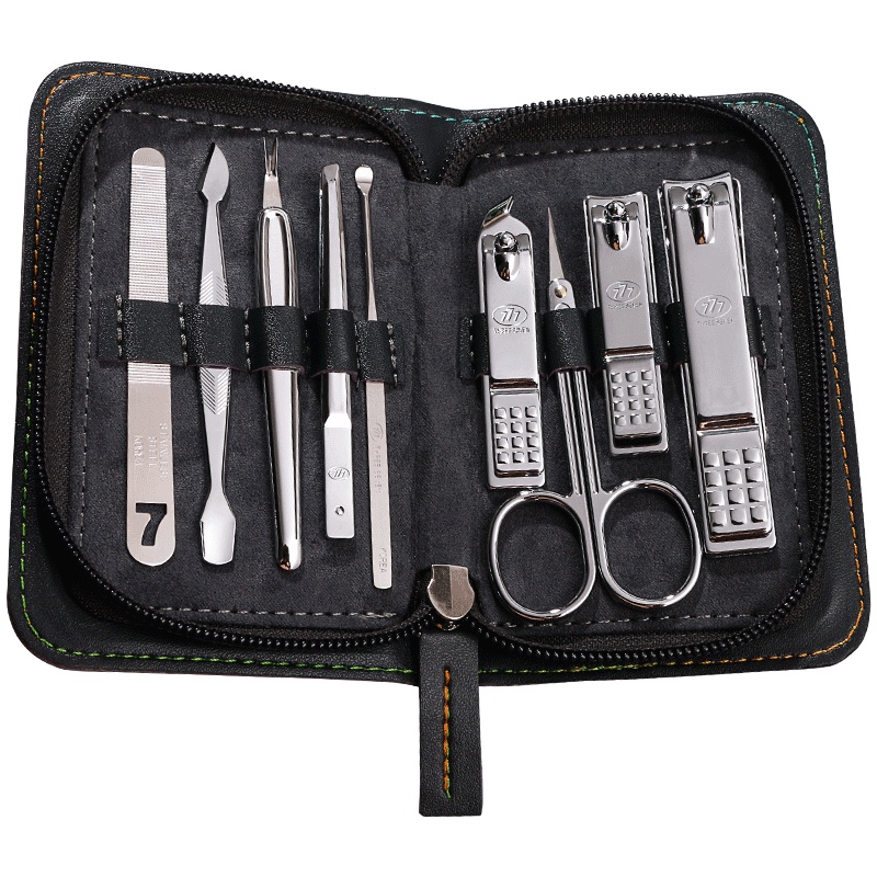韩国777(THREE SEVEN)进口指甲刀套装家用大中号指甲剪挖耳勺修指甲工具美甲套装9件套黑色皮套银配件