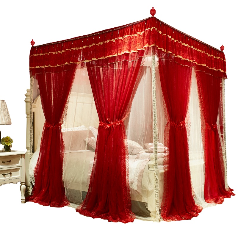 Mallas蚊帐 红色浪漫婚庆三开门宫廷蚊帐 拼色双层加厚高级蕾丝刺绣蚊帐超柔加密帐纱方顶蚊帐