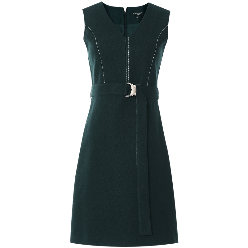 欧昵雪秋冬V领明线绣花收腰显痩无袖毛呢连衣裙女背心裙