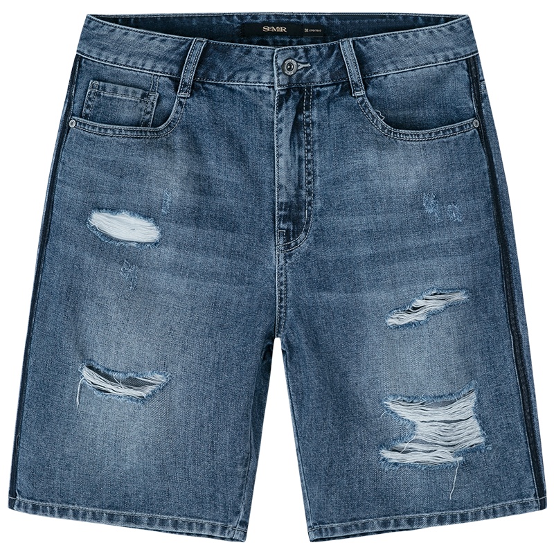 森马夏装牛仔中裤男2019新款纯棉五分破洞裤子潮牌夏季乞丐裤潮