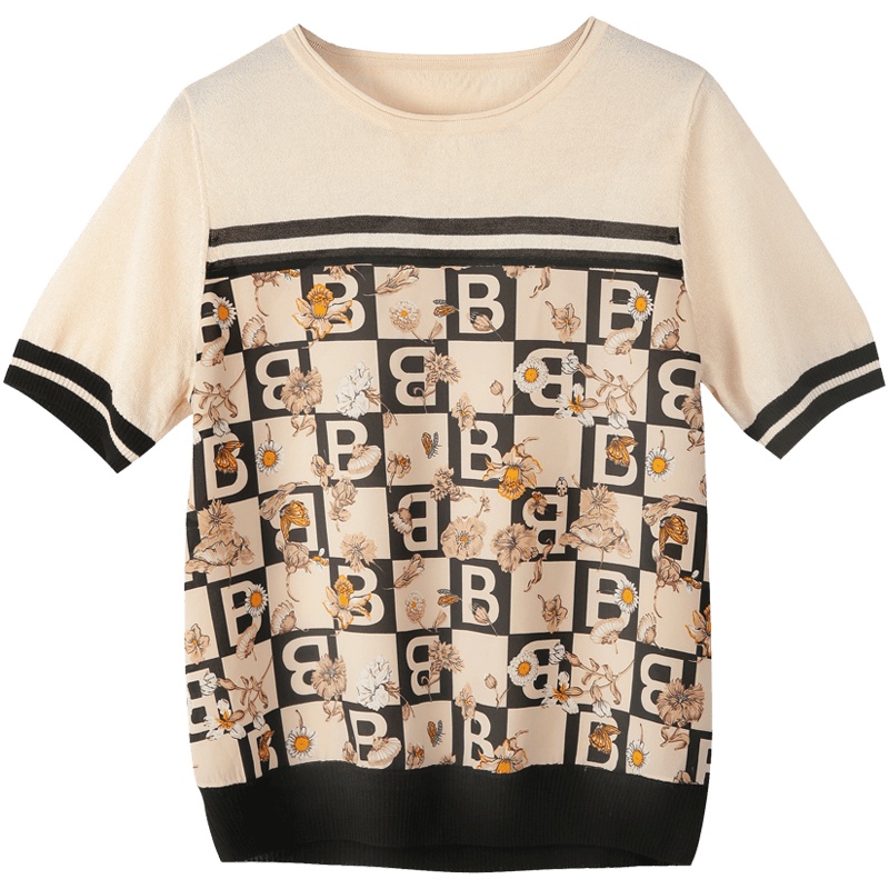 恒源祥中老年妈妈装短袖T恤女圆领夏新款印花拼接针织衫上衣