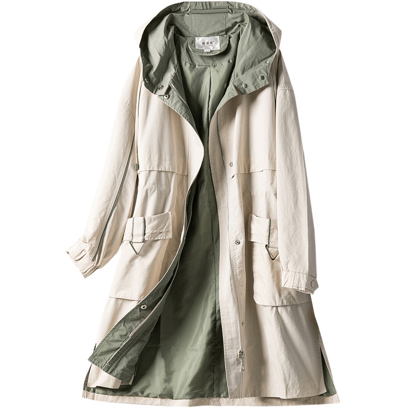 恒源祥春季薄款风衣女2020新款工装风宽松休闲纯色外套连帽大衣女