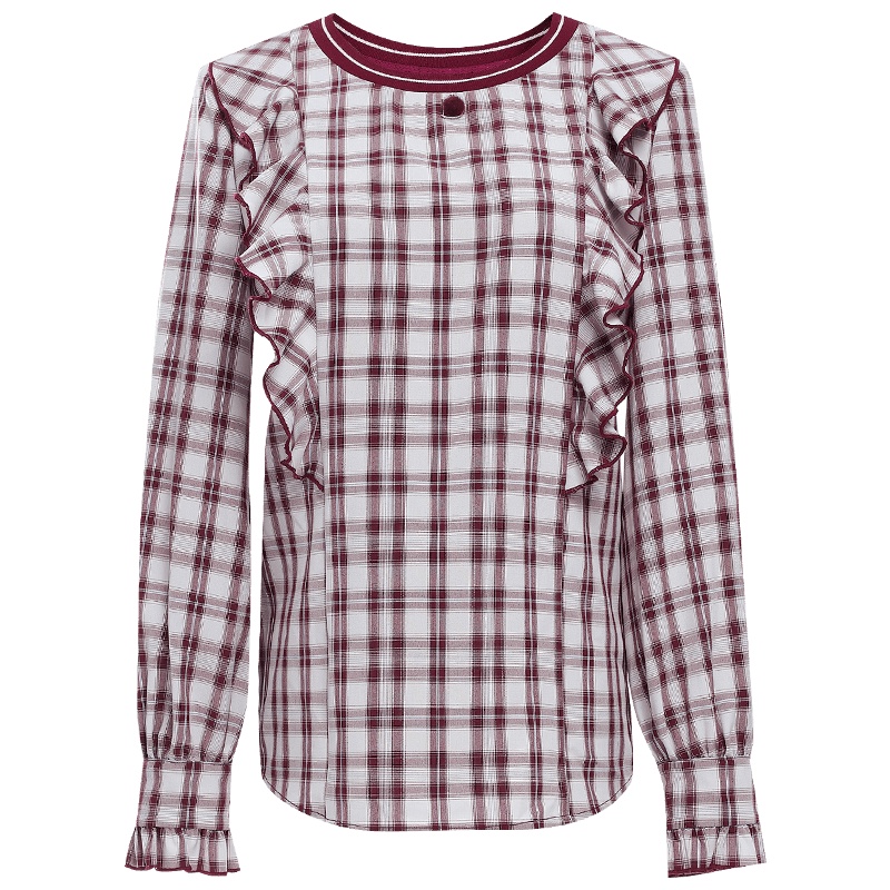 欧昵雪设计感圆领拼接荷叶边显瘦衬衫女长袖格子上衣