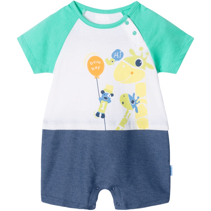 贝贝怡宝宝短袖连体衣夏季新款卡通印花肩开外出爬服192L237