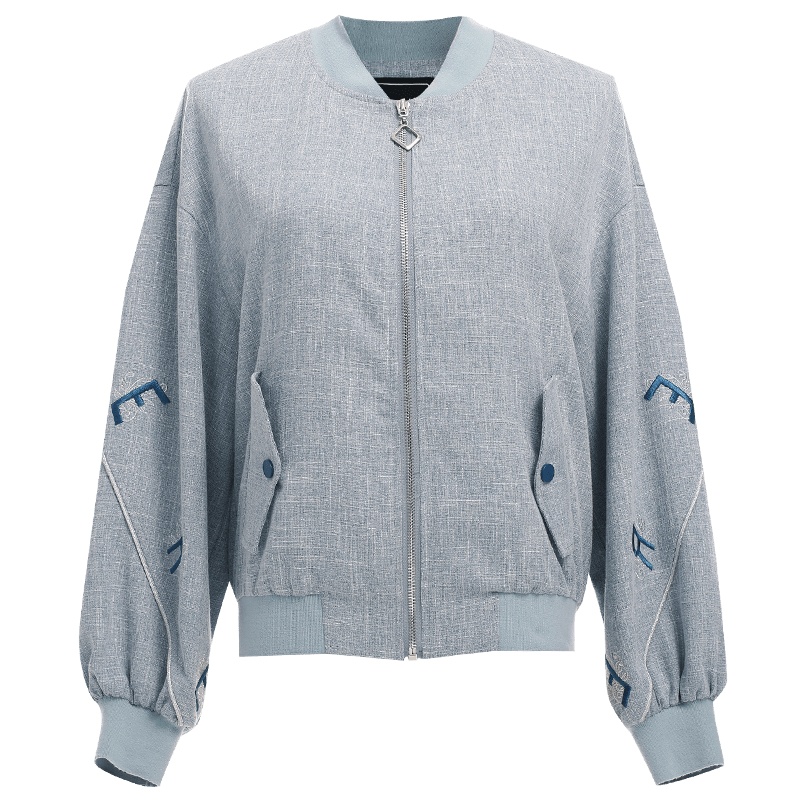 欧昵雪V领拼接字母绣花长袖短外套女宽松休闲棒球服