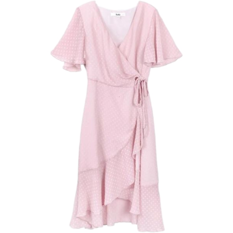 碎花雪纺红色连衣裙女装2019夏新款韩版高腰系带V领气质显瘦裙子