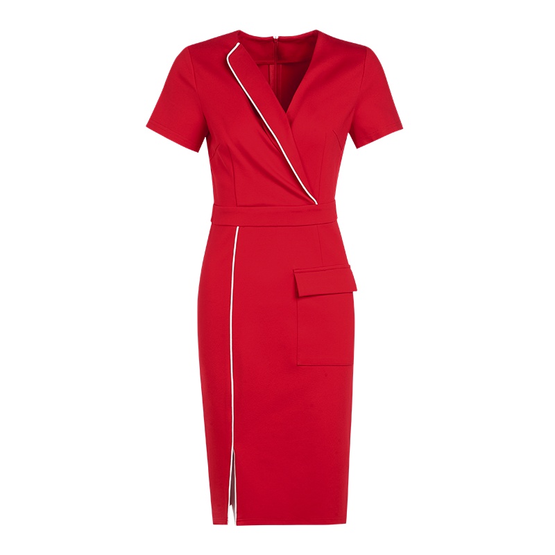 晚白新品通勤气质短袖收腰显瘦中长款包臀裙职业连衣裙女