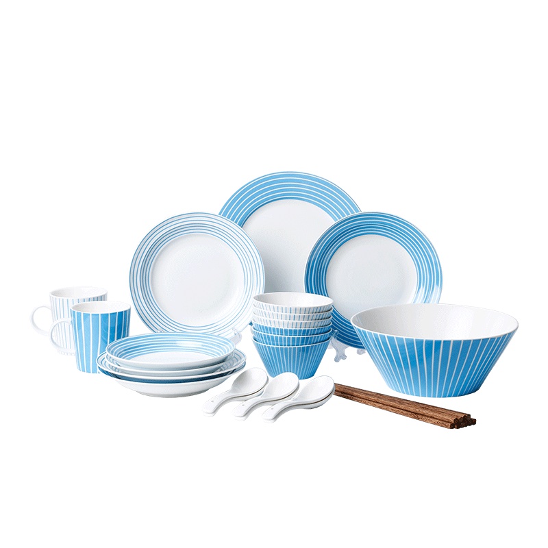 凌天 景德镇北欧六人食陶瓷碗碟套装创意个性家用餐具蓝色小清新碗碟杯套装
