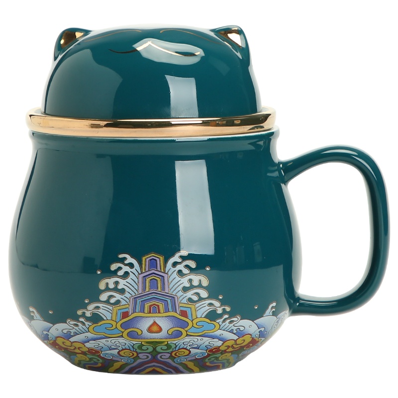 苏氏陶瓷(SUSHI CERAMICS)茶格盖杯彩画招财猫过滤水杯办公茶杯(孔雀绿款)