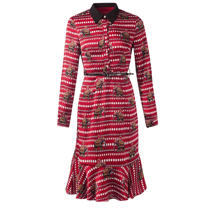 晩白 新品印花POLO领收腰显瘦中长款包臀鱼尾裙长袖连衣裙女