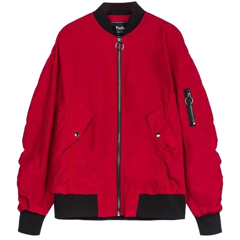 【热卖】红色短外套女2019春季新款设计感小众小个子韩版宽松棒球服上衣女20011709