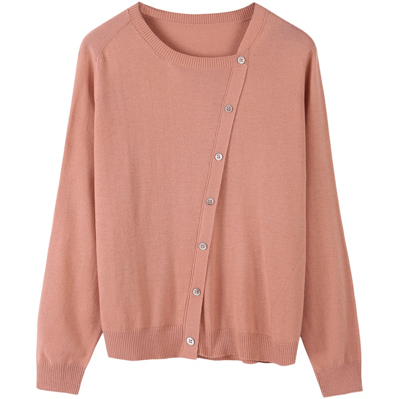 恒源祥斜领针织衫女2020春季新款长袖毛衣薄款假开衫纯色上衣