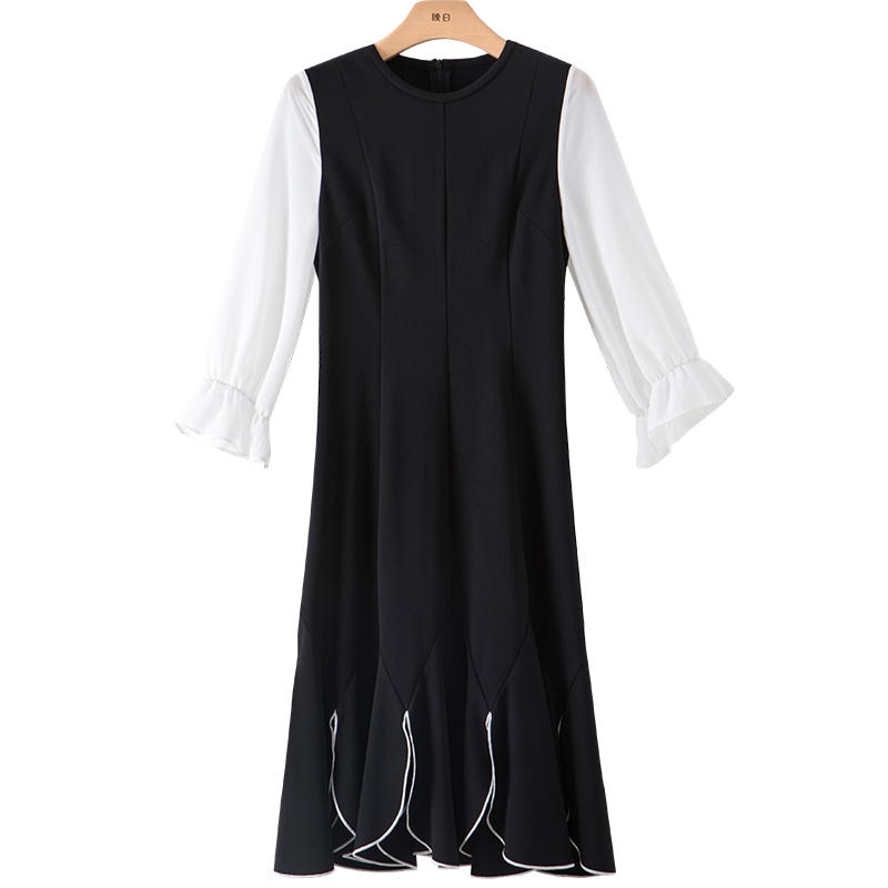 晚白2021春季新品时尚淑女减龄圆领修身高腰A字假两件连衣裙女