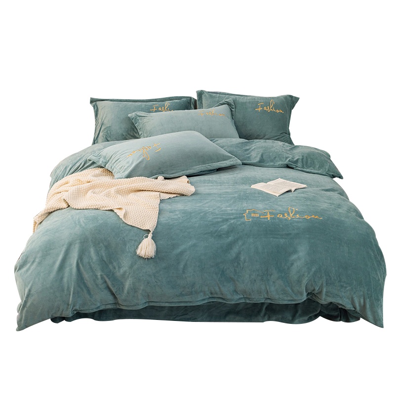 曼凝家纺 秋冬牛奶绒纯色简约刺绣床单款双人四件套法莱绒水晶绒被套200*230cm床品套件