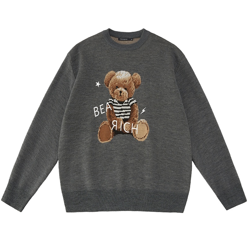 太平鸟男装双色卡通小熊刺绣保暖羊毛衫新款宽松圆领针织衫毛衣