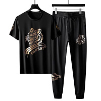 高端天丝套装男痞帅刺绣老虎烫钻社会人潮流百搭衣服休闲运动夏季