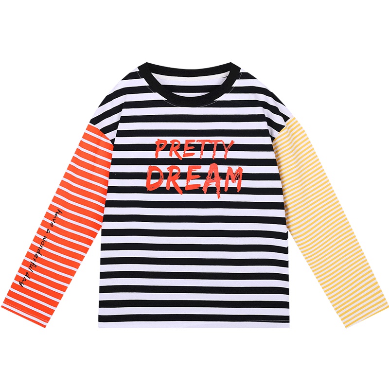 2019新款撞色设计感不规则长袖T恤女超火韩版宽松条纹黑白打底衫